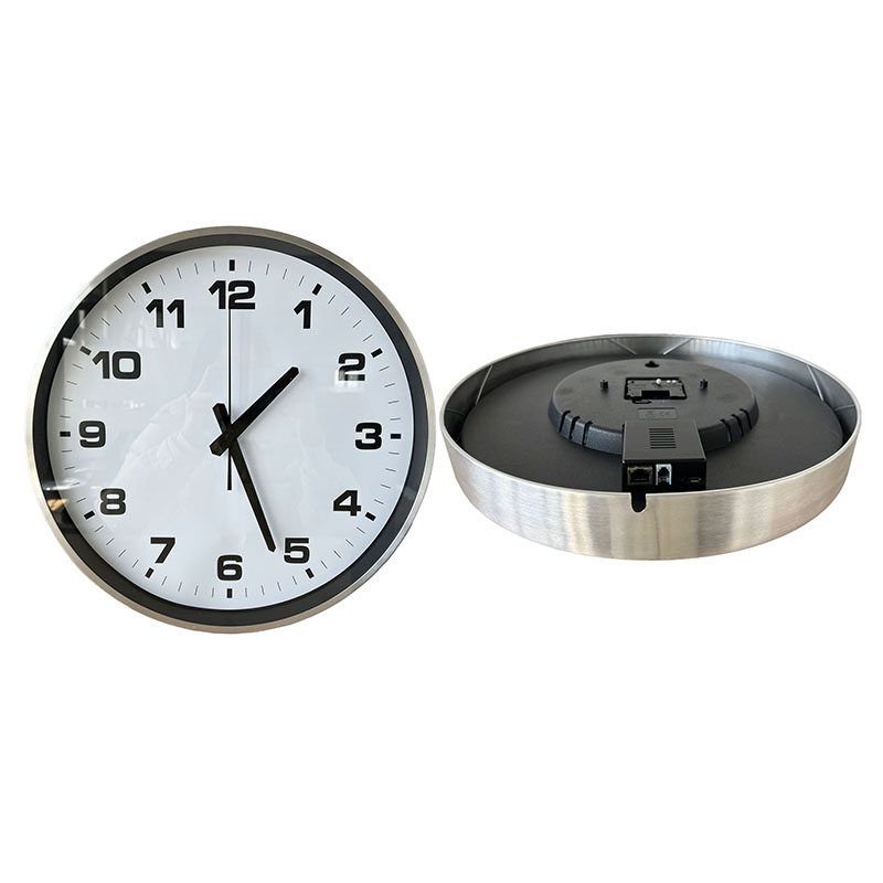 Reloj de control horario analógico PoE de red IP redondo de aluminio plateado de 15 pulgadas