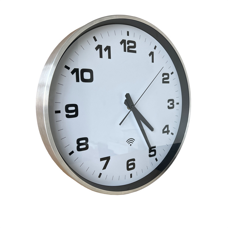 Reloj analógico de pared NTP redondo grande de aluminio plateado de 15 pulgadas con WiFi, reloj con conexión WiFi.